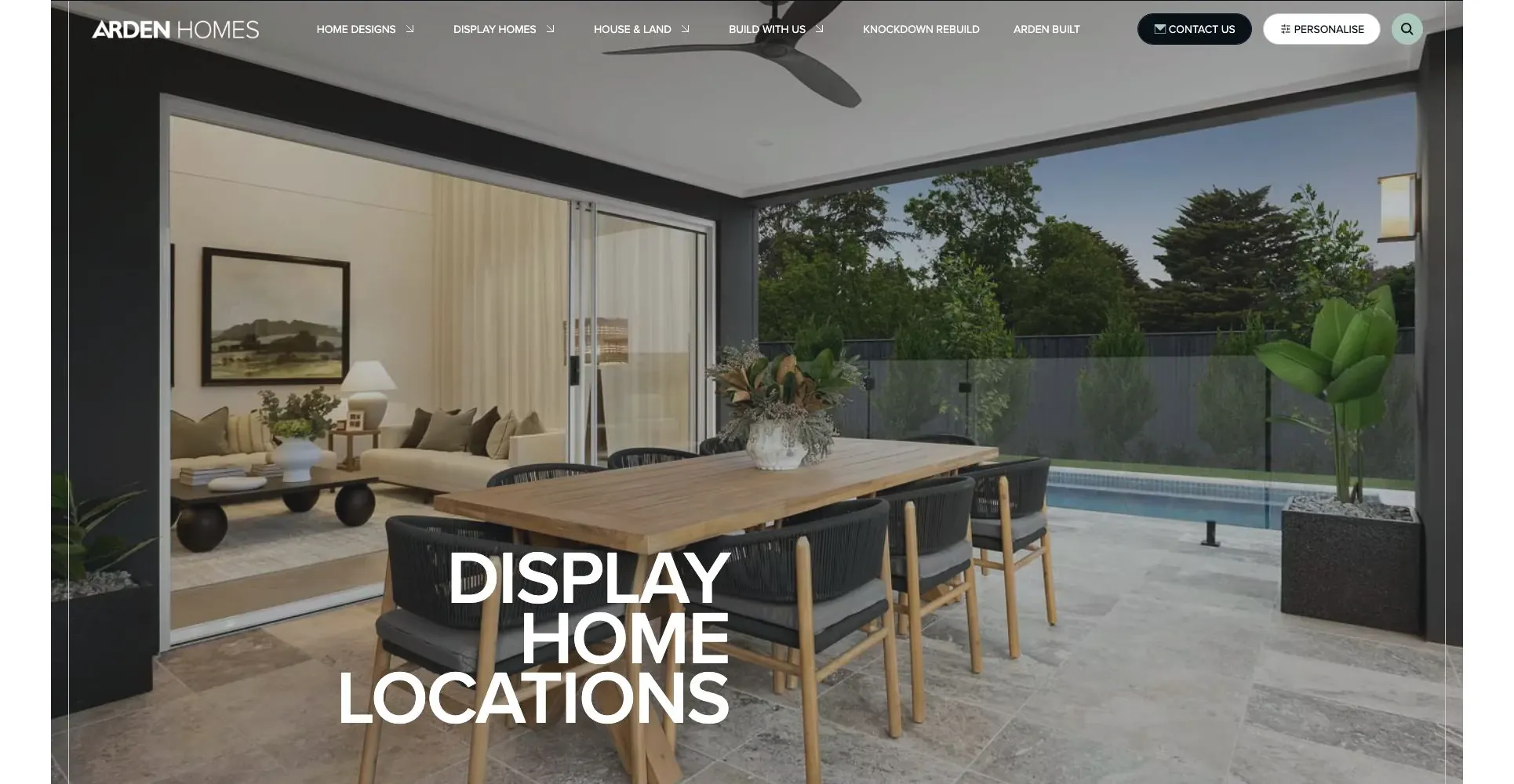 Arden Homes display-home locations webpage with outdoor living photography and primary navigation