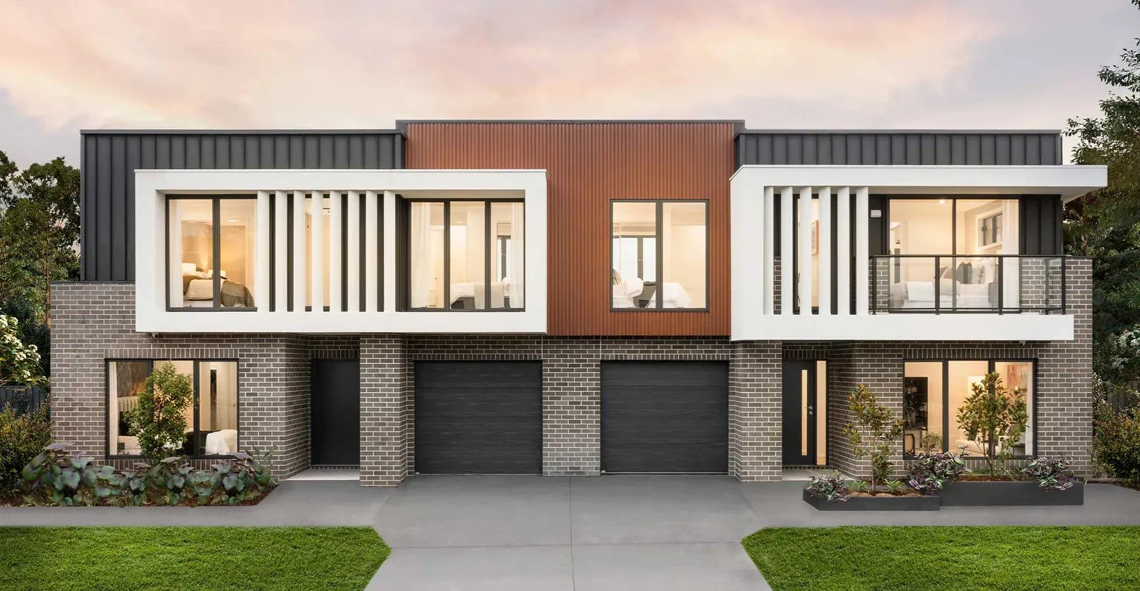 Mojo Homes Macquarie duplex display at Box Hill with Zenith facade and two separate entrances